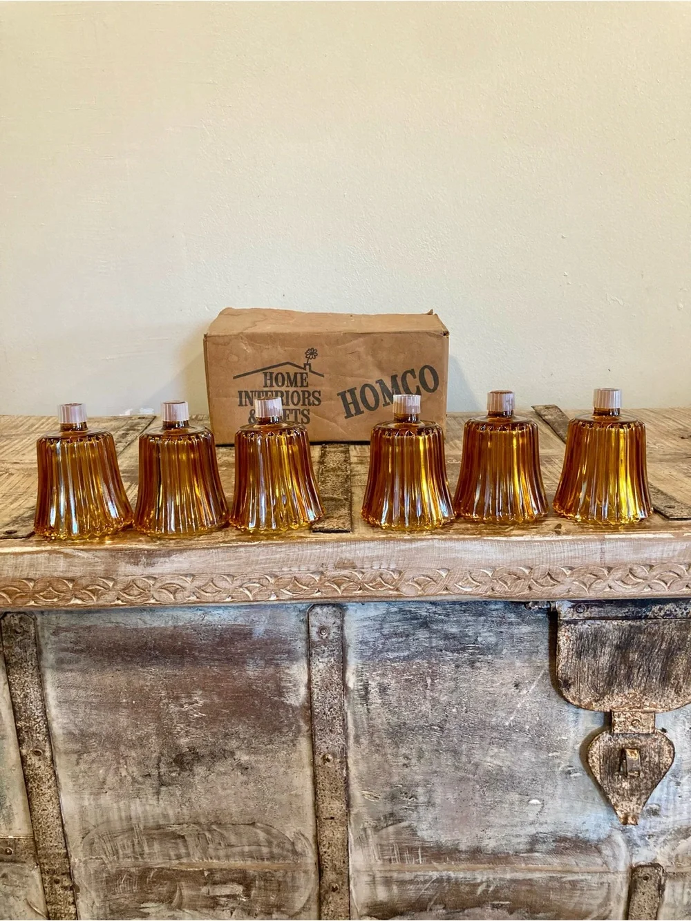 6 Vintage Homco Flic-A-Lite Amber Ribbed Cut Pegged Votive Candle Holders